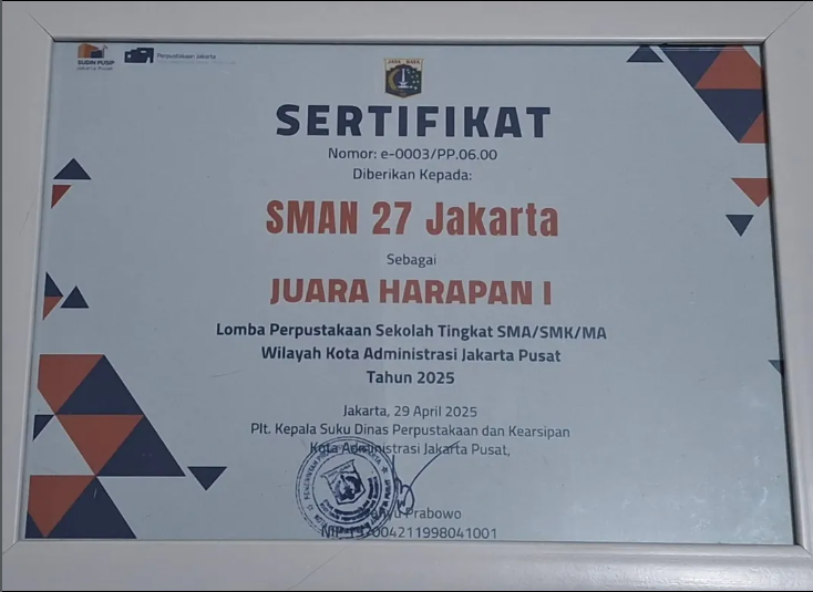 SMA Negeri 27 Jakarta Raih Juara Harapan I Lomba Perpustakaan Sekolah